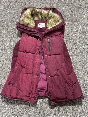 YMI Wine Red Faux Fur Hooded Puffer Vest